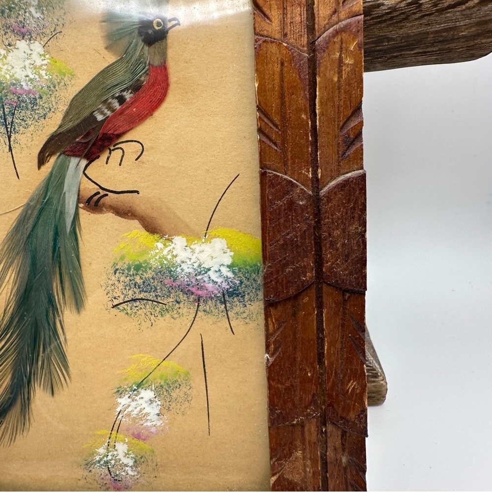 Vibrant Vintage Mexican Folk Art Feather Craft Blue Bird Picture Carved Frame - Picture 8 of 14